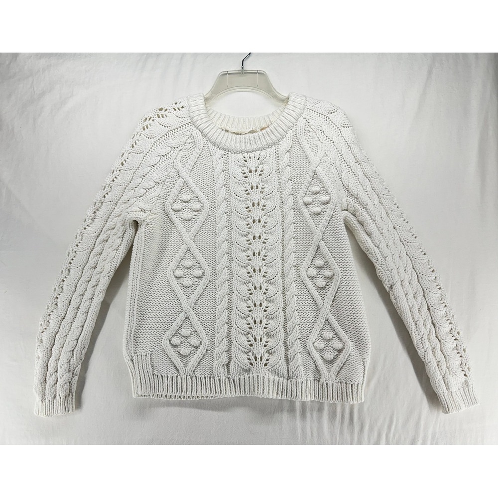Knitted & Knotted Anthropologie Cream Cable Knit Pom Pom Sweater Medium